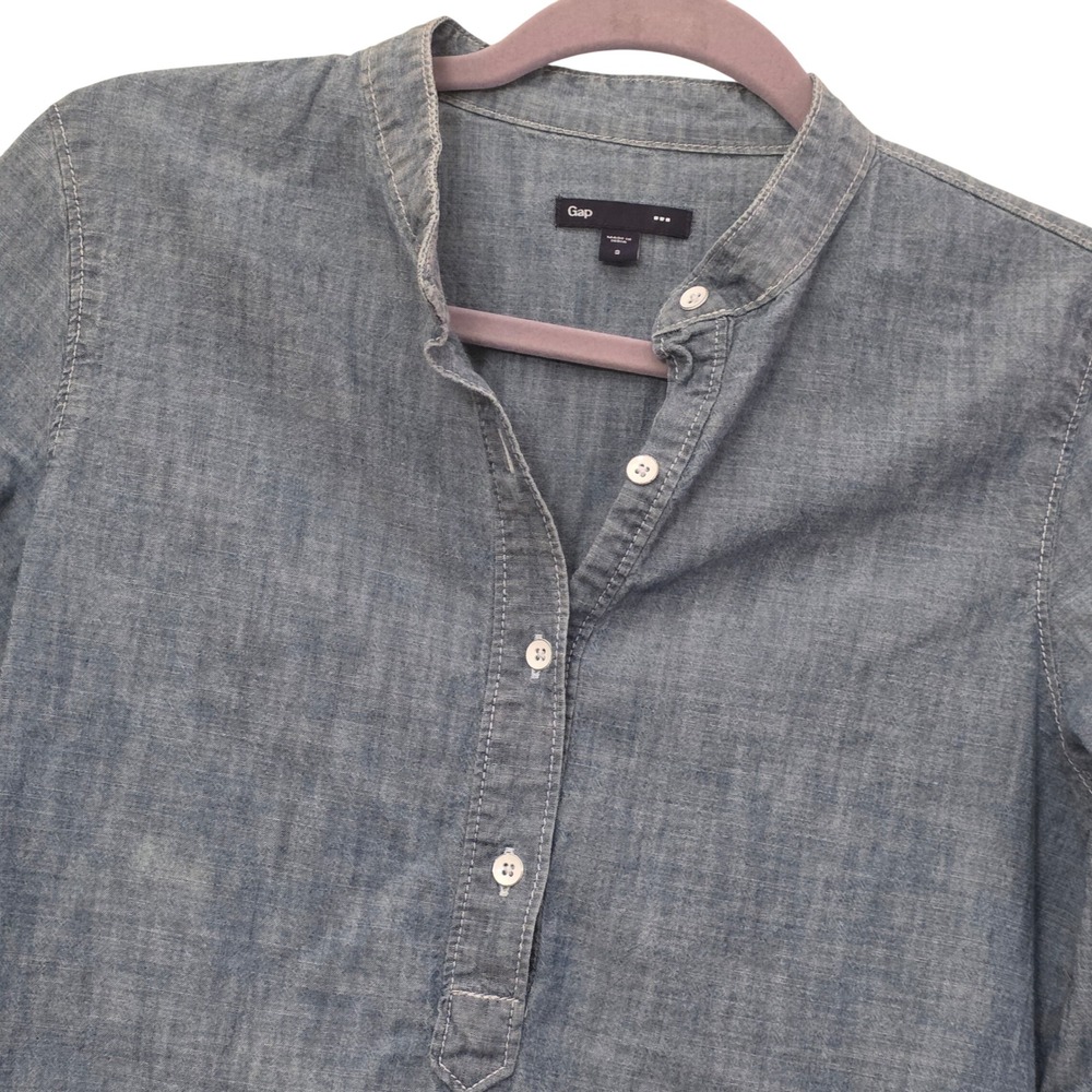 Gap Womens Blue Chambray Cotton Henley‎ Tunic Shirt Band Collar Small 817380-00